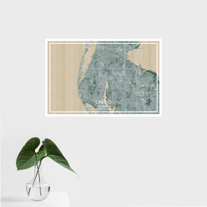 16x24 Largo Florida Map Print Landscape Orientation in Afternoon Style With Tropical Plant Leaves in Water