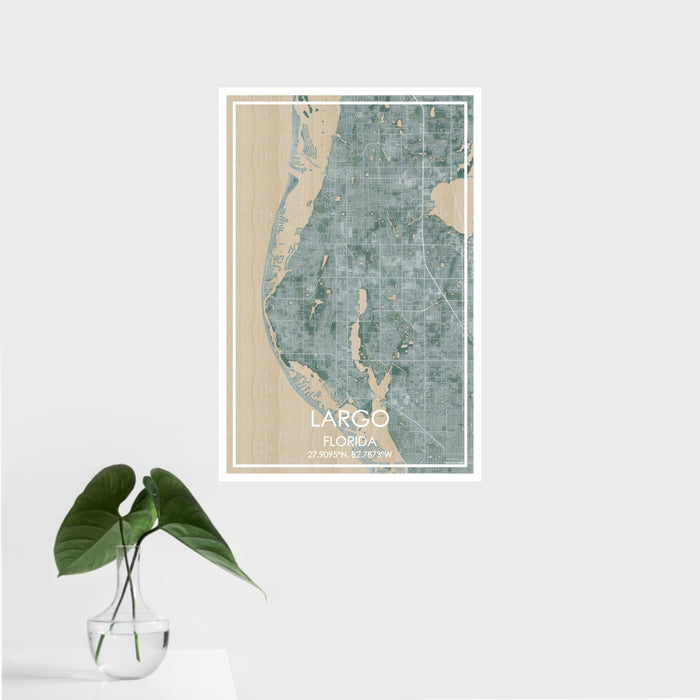 16x24 Largo Florida Map Print Portrait Orientation in Afternoon Style With Tropical Plant Leaves in Water