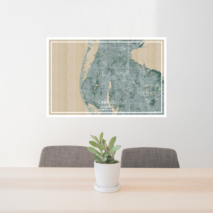 24x36 Largo Florida Map Print Lanscape Orientation in Afternoon Style Behind 2 Chairs Table and Potted Plant