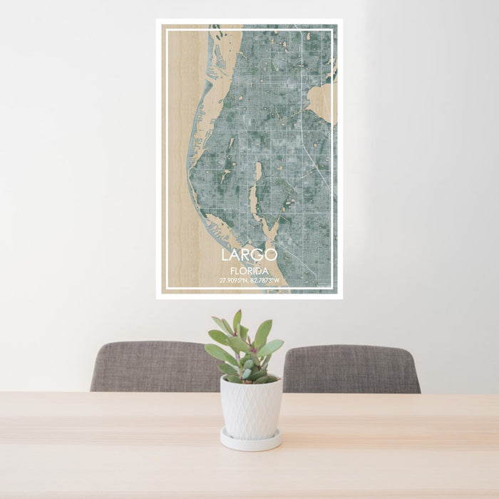 24x36 Largo Florida Map Print Portrait Orientation in Afternoon Style Behind 2 Chairs Table and Potted Plant