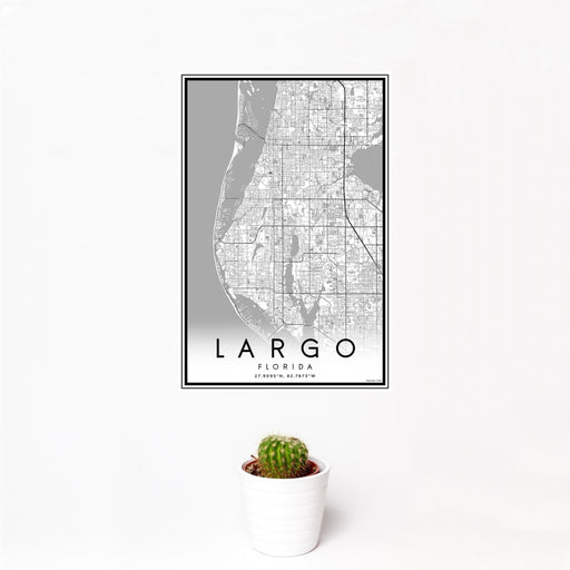 12x18 Largo Florida Map Print Portrait Orientation in Classic Style With Small Cactus Plant in White Planter