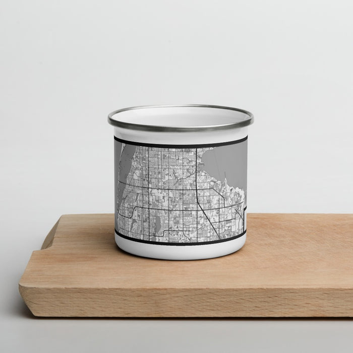 Front View Custom Largo Florida Map Enamel Mug in Classic on Cutting Board