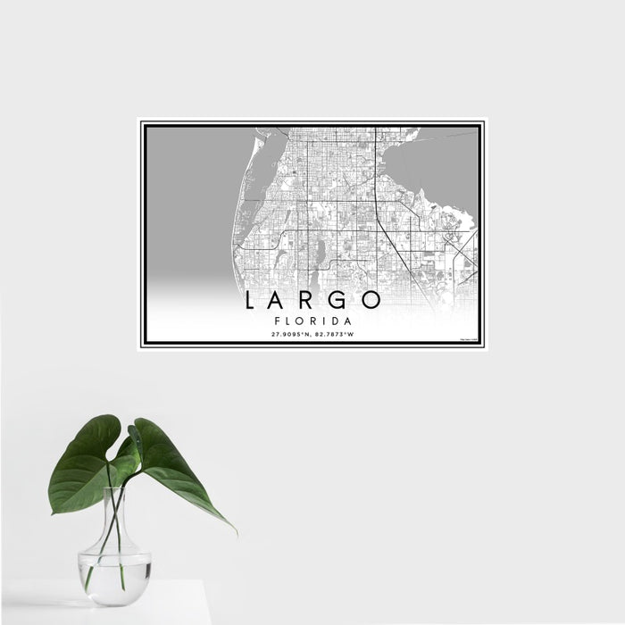 16x24 Largo Florida Map Print Landscape Orientation in Classic Style With Tropical Plant Leaves in Water