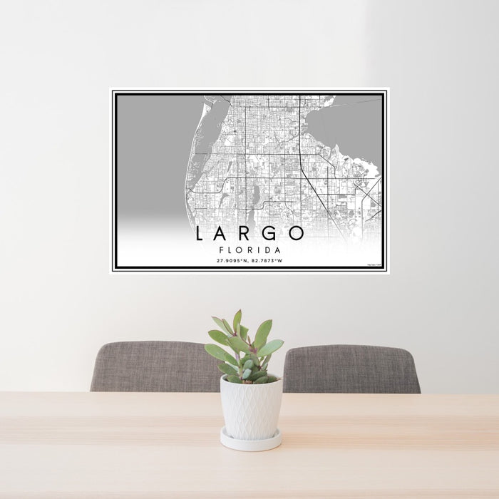 24x36 Largo Florida Map Print Landscape Orientation in Classic Style Behind 2 Chairs Table and Potted Plant