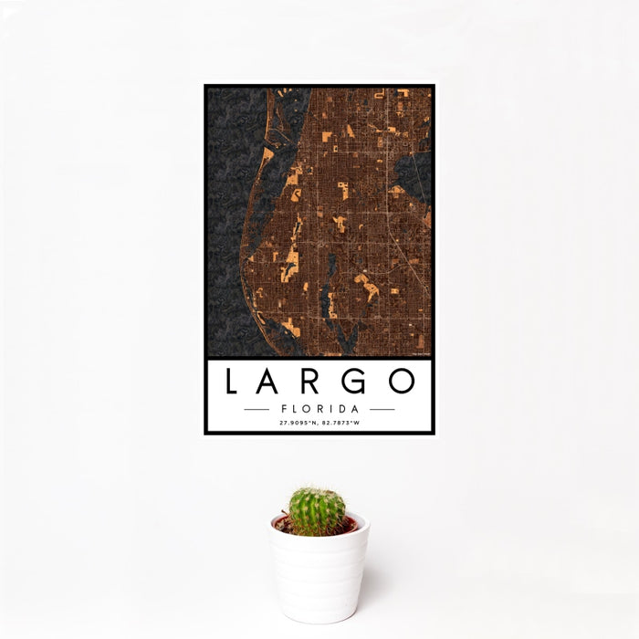 12x18 Largo Florida Map Print Portrait Orientation in Ember Style With Small Cactus Plant in White Planter