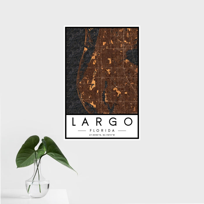 16x24 Largo Florida Map Print Portrait Orientation in Ember Style With Tropical Plant Leaves in Water