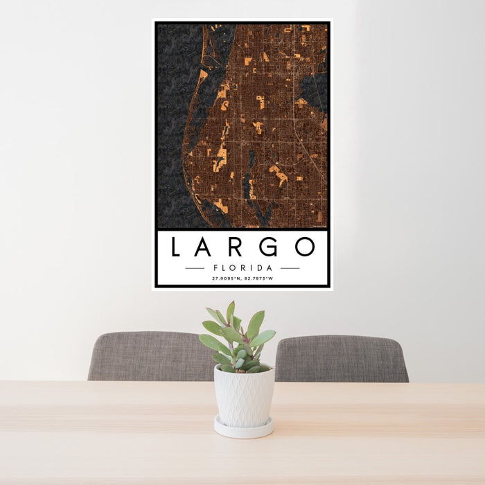 24x36 Largo Florida Map Print Portrait Orientation in Ember Style Behind 2 Chairs Table and Potted Plant
