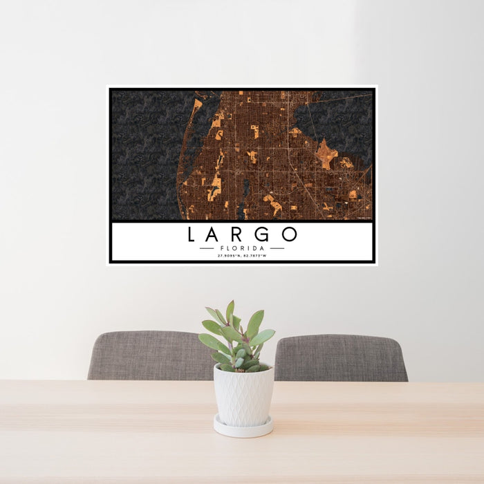 24x36 Largo Florida Map Print Landscape Orientation in Ember Style Behind 2 Chairs Table and Potted Plant