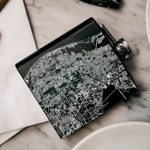 Largo Florida Custom Engraved City Map Inscription Coordinates on 6oz Stainless Steel Flask in Black