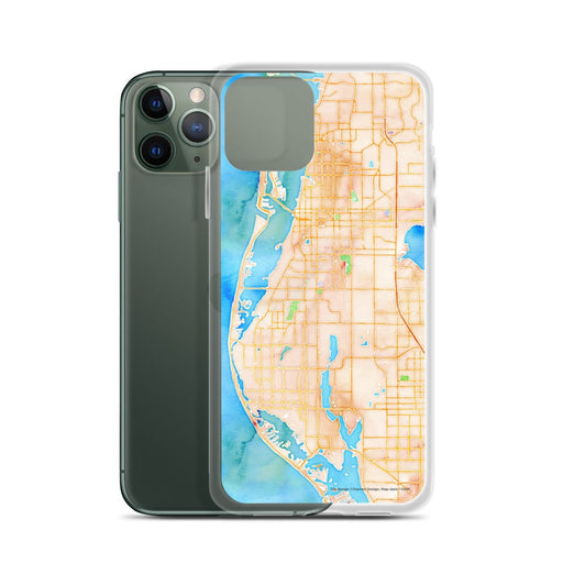 Custom Largo Florida Map Phone Case in Watercolor on Table with Laptop and Plant