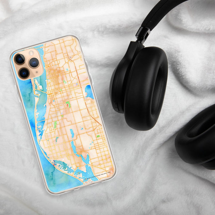 Custom Largo Florida Map Phone Case in Watercolor on Table with Black Headphones