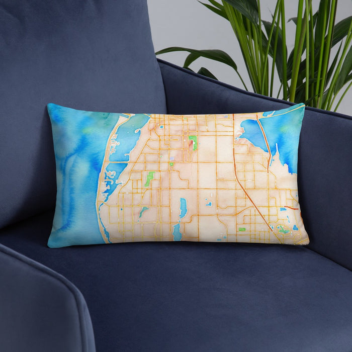 Custom Largo Florida Map Throw Pillow in Watercolor on Blue Colored Chair