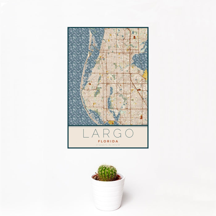 12x18 Largo Florida Map Print Portrait Orientation in Woodblock Style With Small Cactus Plant in White Planter