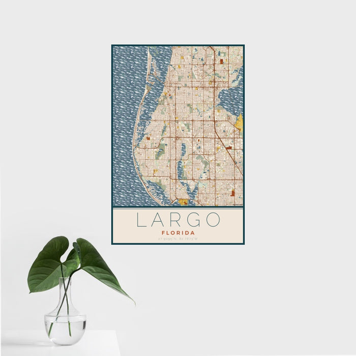 16x24 Largo Florida Map Print Portrait Orientation in Woodblock Style With Tropical Plant Leaves in Water