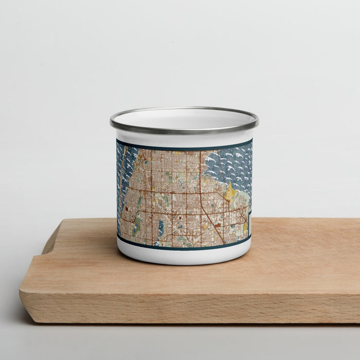 Front View Custom Largo Florida Map Enamel Mug in Woodblock on Cutting Board