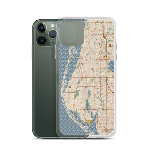 Custom Largo Florida Map Phone Case in Woodblock on Table with Laptop and Plant