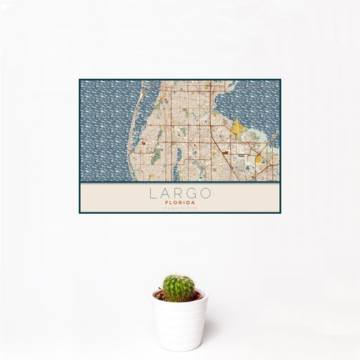 12x18 Largo Florida Map Print Landscape Orientation in Woodblock Style With Small Cactus Plant in White Planter