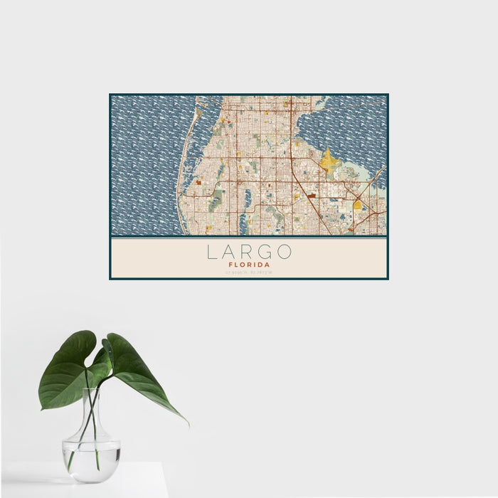 16x24 Largo Florida Map Print Landscape Orientation in Woodblock Style With Tropical Plant Leaves in Water