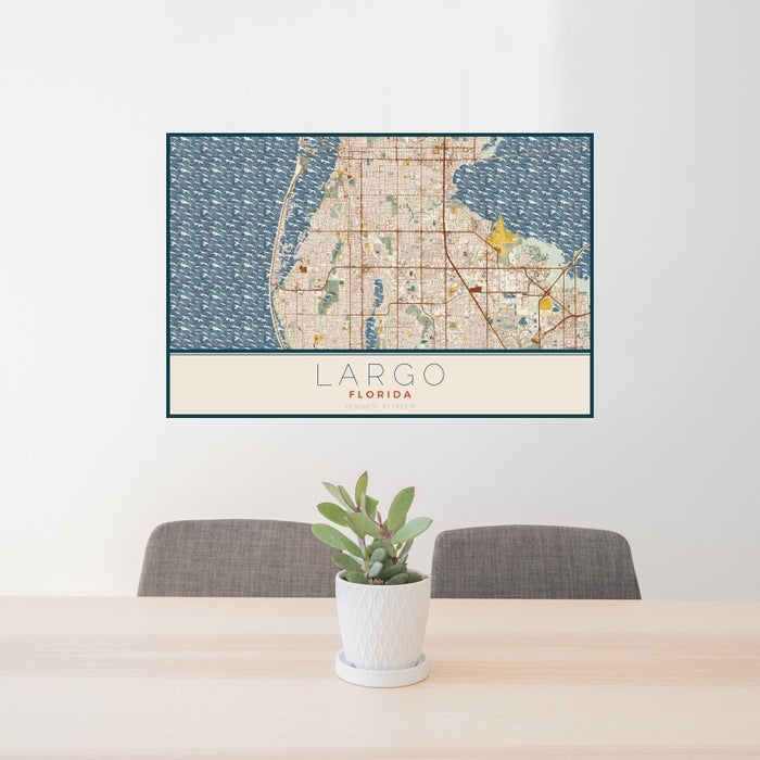 24x36 Largo Florida Map Print Landscape Orientation in Woodblock Style Behind 2 Chairs Table and Potted Plant