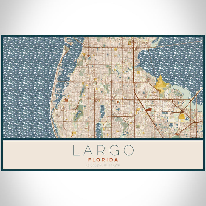 Largo Florida Map Print Landscape Orientation in Woodblock Style With Shaded Background