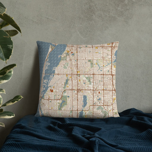 Custom Largo Florida Map Throw Pillow in Woodblock on Bedding Against Wall