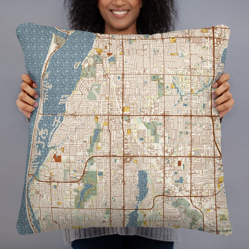 Person holding 22x22 Custom Largo Florida Map Throw Pillow in Woodblock