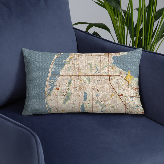 Custom Largo Florida Map Throw Pillow in Woodblock on Blue Colored Chair