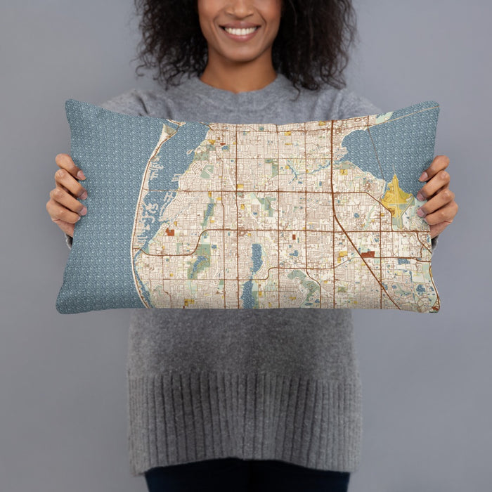 Person holding 20x12 Custom Largo Florida Map Throw Pillow in Woodblock