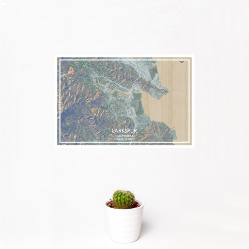 12x18 Larkspur California Map Print Landscape Orientation in Afternoon Style With Small Cactus Plant in White Planter