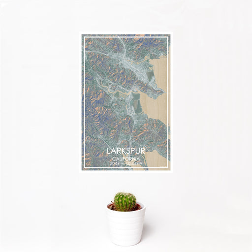 12x18 Larkspur California Map Print Portrait Orientation in Afternoon Style With Small Cactus Plant in White Planter
