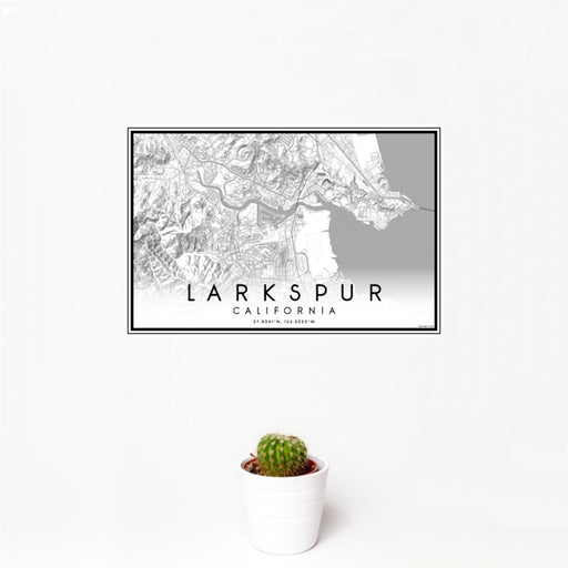 12x18 Larkspur California Map Print Landscape Orientation in Classic Style With Small Cactus Plant in White Planter