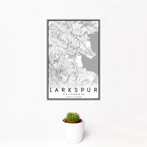 12x18 Larkspur California Map Print Portrait Orientation in Classic Style With Small Cactus Plant in White Planter