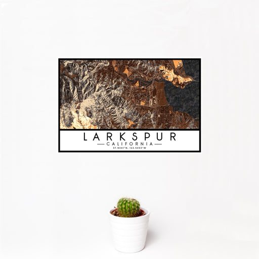 12x18 Larkspur California Map Print Landscape Orientation in Ember Style With Small Cactus Plant in White Planter