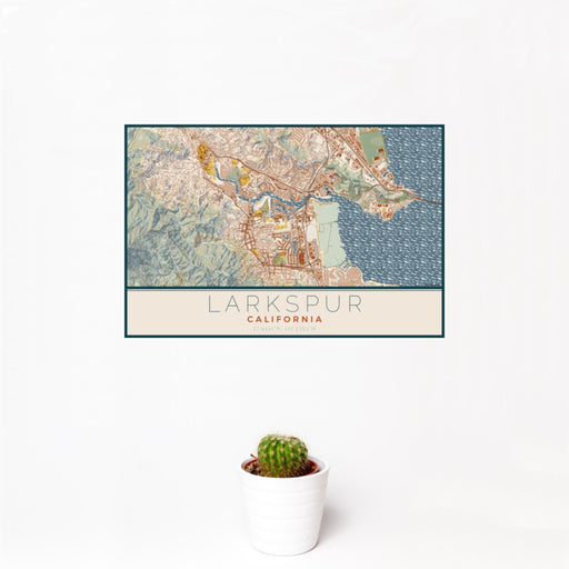 12x18 Larkspur California Map Print Landscape Orientation in Woodblock Style With Small Cactus Plant in White Planter