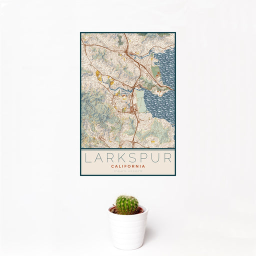 12x18 Larkspur California Map Print Portrait Orientation in Woodblock Style With Small Cactus Plant in White Planter