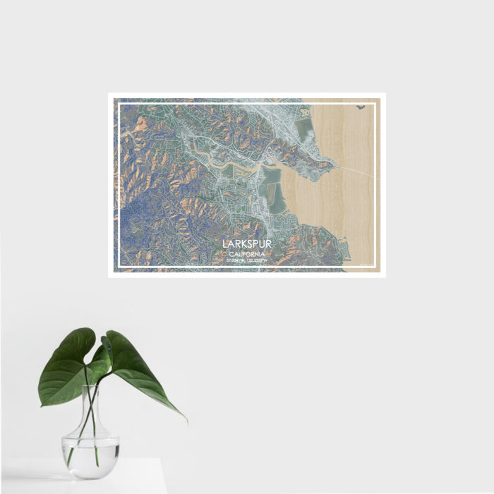 16x24 Larkspur California Map Print Landscape Orientation in Afternoon Style With Tropical Plant Leaves in Water