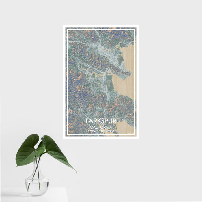16x24 Larkspur California Map Print Portrait Orientation in Afternoon Style With Tropical Plant Leaves in Water