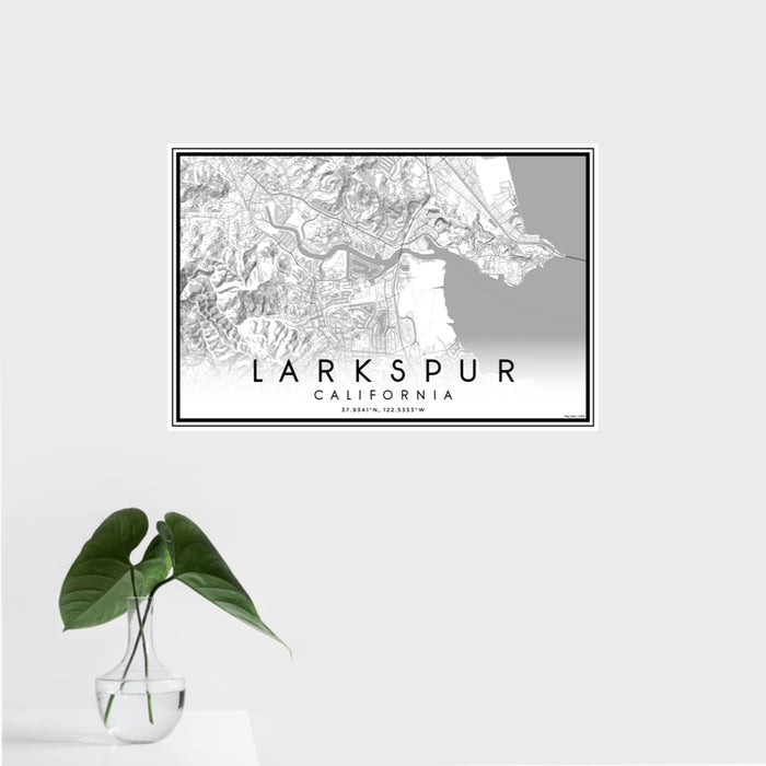 16x24 Larkspur California Map Print Landscape Orientation in Classic Style With Tropical Plant Leaves in Water