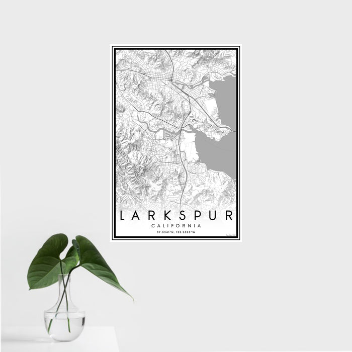 16x24 Larkspur California Map Print Portrait Orientation in Classic Style With Tropical Plant Leaves in Water