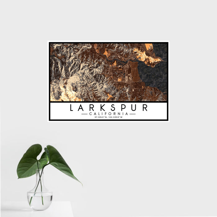 16x24 Larkspur California Map Print Landscape Orientation in Ember Style With Tropical Plant Leaves in Water