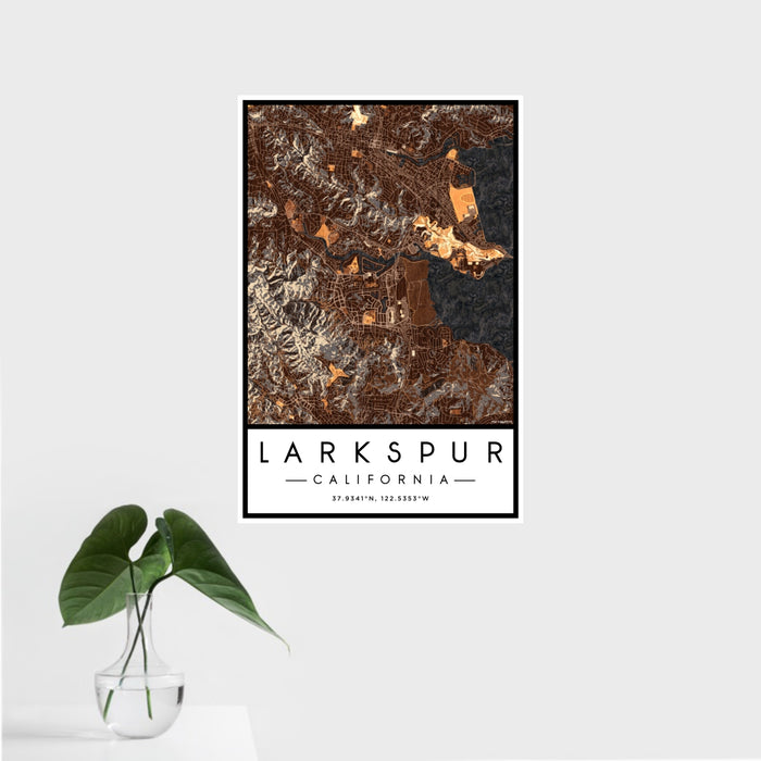16x24 Larkspur California Map Print Portrait Orientation in Ember Style With Tropical Plant Leaves in Water
