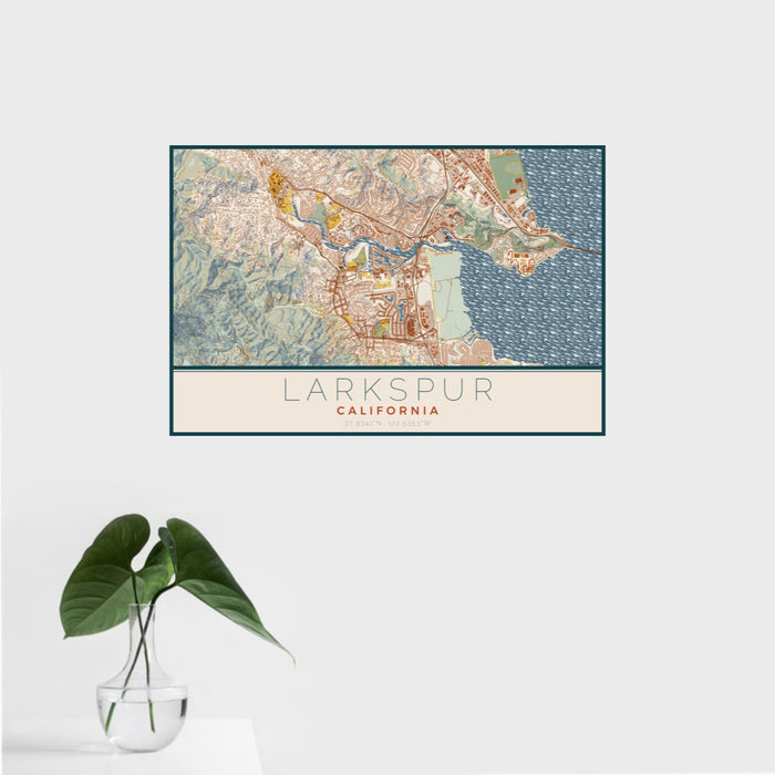 16x24 Larkspur California Map Print Landscape Orientation in Woodblock Style With Tropical Plant Leaves in Water