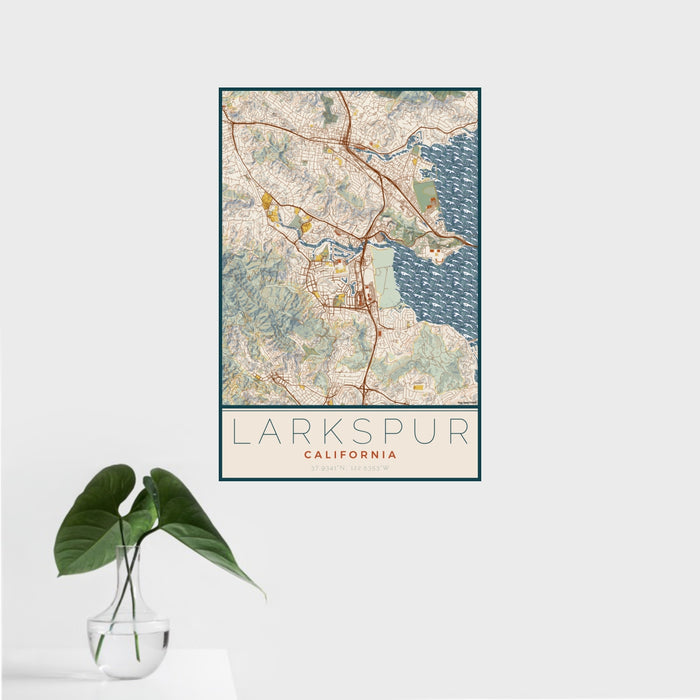 16x24 Larkspur California Map Print Portrait Orientation in Woodblock Style With Tropical Plant Leaves in Water