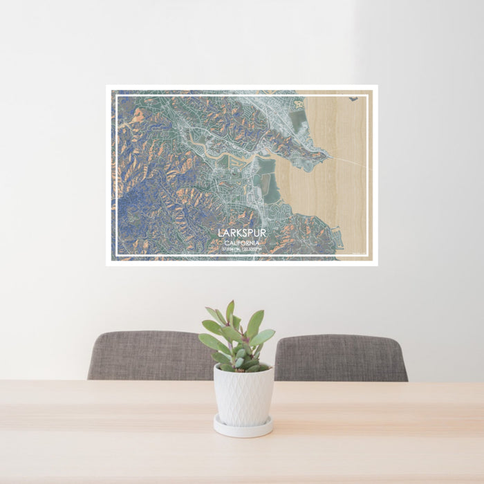 24x36 Larkspur California Map Print Lanscape Orientation in Afternoon Style Behind 2 Chairs Table and Potted Plant