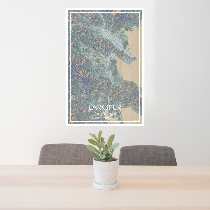 24x36 Larkspur California Map Print Portrait Orientation in Afternoon Style Behind 2 Chairs Table and Potted Plant