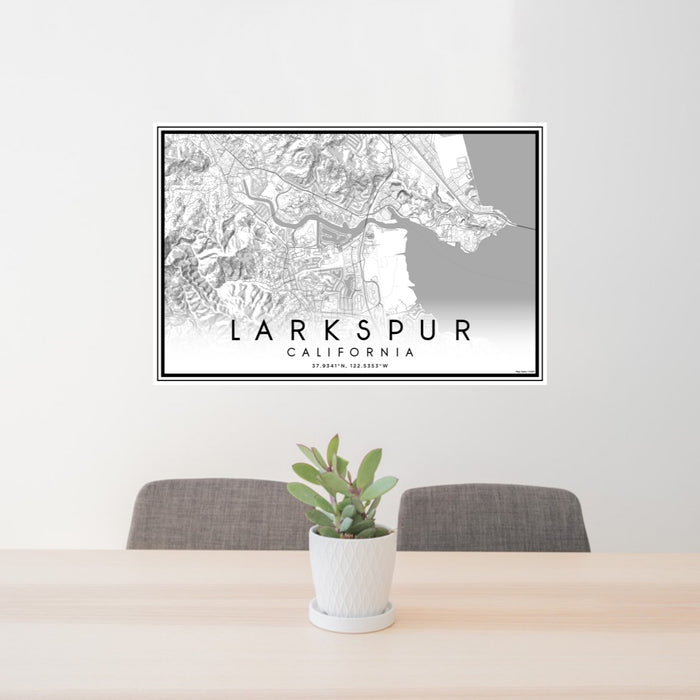 24x36 Larkspur California Map Print Lanscape Orientation in Classic Style Behind 2 Chairs Table and Potted Plant