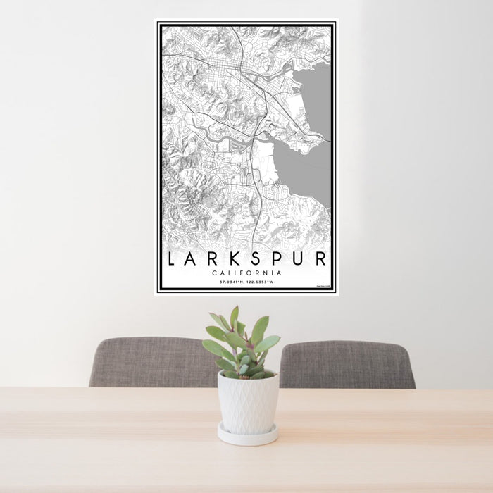 24x36 Larkspur California Map Print Portrait Orientation in Classic Style Behind 2 Chairs Table and Potted Plant