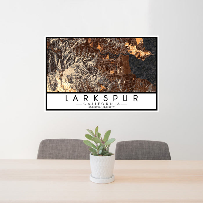 24x36 Larkspur California Map Print Lanscape Orientation in Ember Style Behind 2 Chairs Table and Potted Plant
