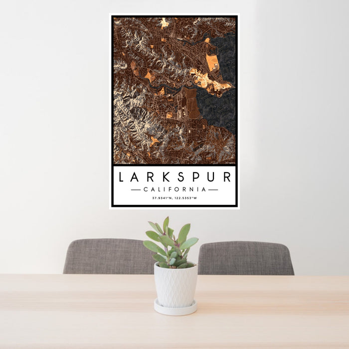 24x36 Larkspur California Map Print Portrait Orientation in Ember Style Behind 2 Chairs Table and Potted Plant