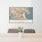 24x36 Larkspur California Map Print Lanscape Orientation in Woodblock Style Behind 2 Chairs Table and Potted Plant